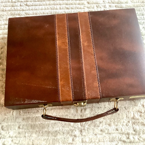 Vtg Backgammon Board Game Set Faux Brown Leather Travel Case Interior Stitched - Picture 11 of 16